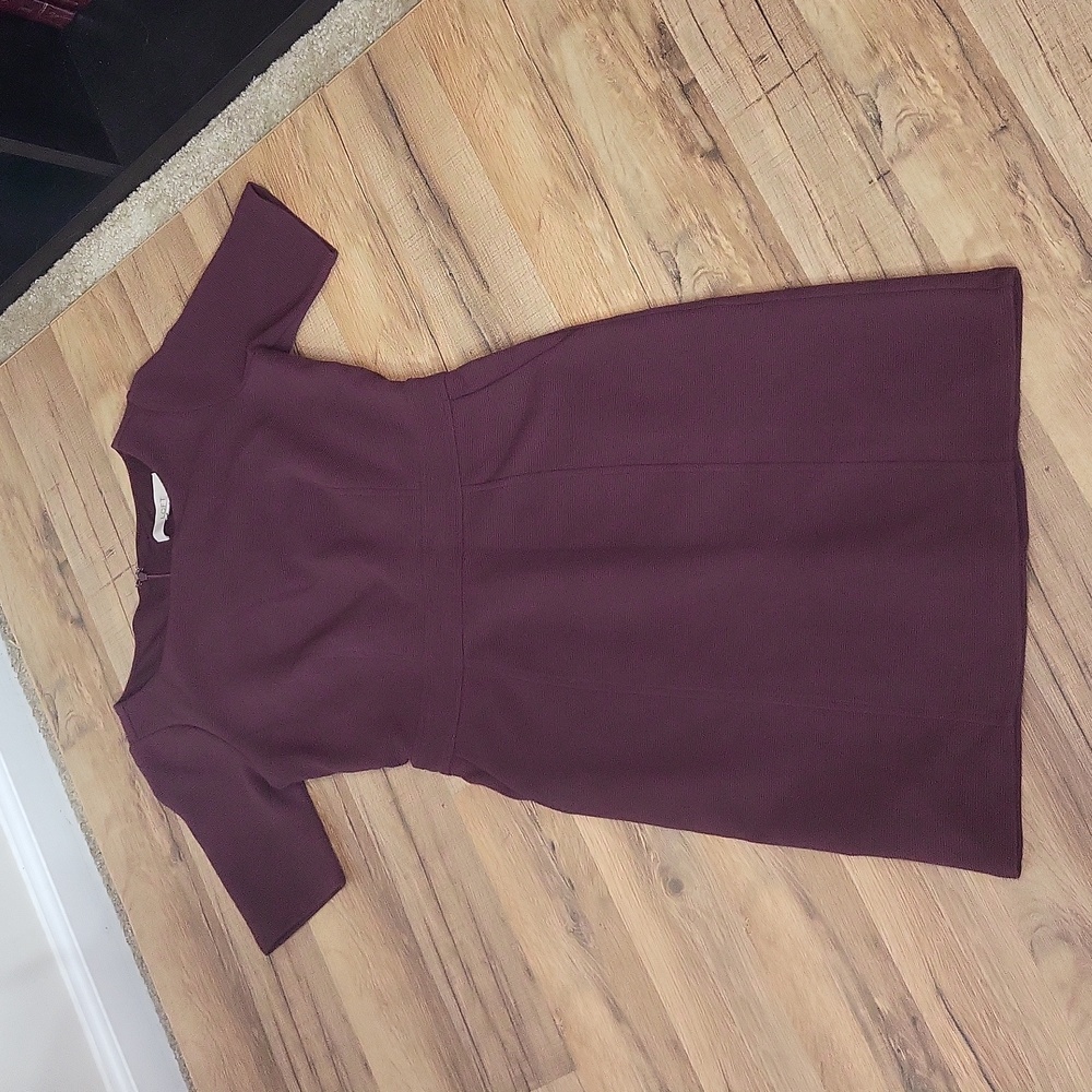 LOFT Plum Purple Fall Ribbed Short Sleeve Pocket Midi Dress - Picture 2 of 11